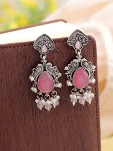 Crunchy Fashion Silver-Plated Stone-Studded & Beaded Teardrop Shaped Drop Earrings