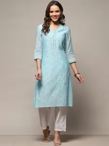 Biba Floral Embroidered V-Neck Mirror Work Straight Kurta
