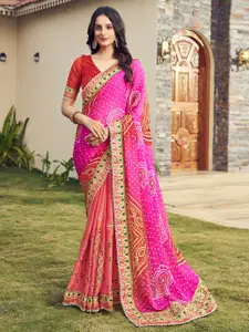Satrani Beads and Stones Bandhani Printed Saree