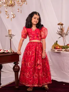 VASTRAMAY Girls Printed Sequinned Foil Print Ready to Wear Organza Lehenga & Choli