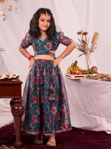 VASTRAMAY Girls Printed Sequinned Foil Print Ready to Wear Organza Lehenga & Choli