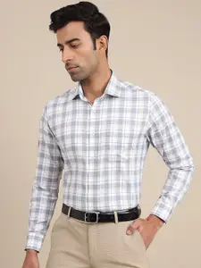 METAL Slim Fit Tartan Checks Spread Collar Long Sleeves Cotton Formal Shirt