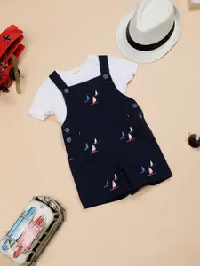 One Friday Boys Conversational Printed Round Neck Cotton Dungarees With T-shirt