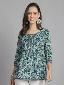 Roly Poly Floral Print Tie-Up Neck Cotton Top