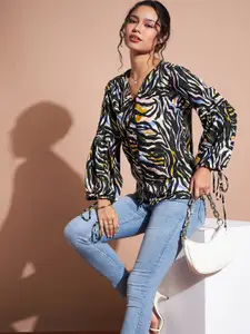 DressBerry Animal Printed Puff Sleeve Crepe Shirt Style Top