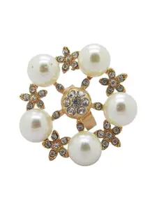 FEMMIBELLA Gold-Plated Cubic Zirconia Stone Studded & Pearls Beaded Finger Ring