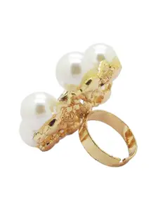 FEMMIBELLA Gold-Plated Cubic Zirconia Stone Studded & Pearls Beaded Finger Ring