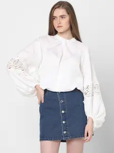 Vero Moda Tie-Up Neck Puff Sleeves Gathered Lace Detail Top