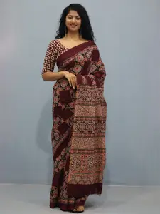 KIAARON Ajrak Block Pure Cotton Block Print Saree