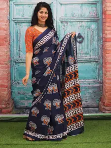 KIAARON Ajrak Block Pure Cotton Block Print Saree