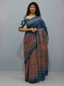 KIAARON Ethnic Motifs Pure Cotton Block Print Saree