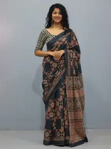KIAARON Ajrak Block Pure Cotton Block Print Saree