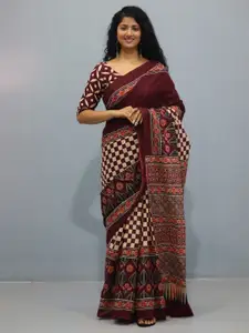 KIAARON Ajrak Block Pure Cotton Handloom Block Print Saree