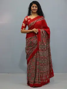 KIAARON Ajrak Block Pure Cotton Block Print Saree