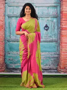 KIAARON Tie and Dye Pure Cotton Block Print Saree