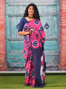 KIAARON Tie and Dye Pure Cotton Block Print Saree