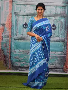 KIAARON Geometric Pure Cotton Block Print Saree