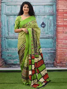 KIAARON Ajrak Block Printed Jaipuri Mulmul Pure Cotton Saree