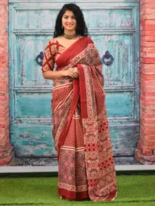 KIAARON Ethnic Motifs Pure Cotton Block Print Saree