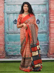 KIAARON Ethnic Motifs Pure Cotton Block Print Saree