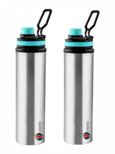 STEEPLE Silver-Toned & Blue 2 Pieces Stainless Steel Solid Water Bottles 900 ml Each