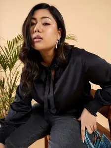 CURVY STREET Plus Size Tie Up Neck Comfort Opaque Satin Casual Shirt