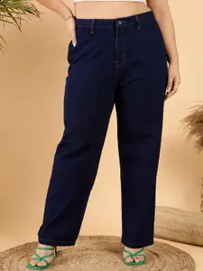 CURVY STREET Plus Size Women Wide Leg Mid Rise Clean Look Pure Cotton Denim Jeans