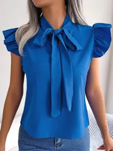 StyleCast Blue Tie-Up Neck Flutter Sleeve Top