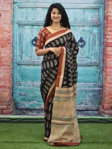 KIAARON Ajrak Block Printed Jaipuri Mulmul Pure Cotton Saree