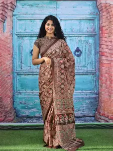 KIAARON Ajrak Block Printed Jaipuri Mulmul Pure Cotton Saree