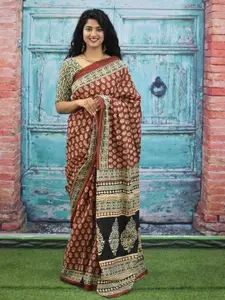 KIAARON Ethnic Motifs Pure Cotton Block Print Saree