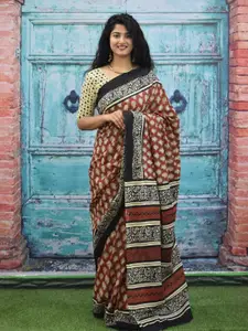 KIAARON Ajrak Block Printed Jaipuri Mulmul Pure Cotton Saree