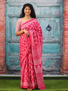 KIAARON Ethnic Motifs Pure Cotton Block Print Saree
