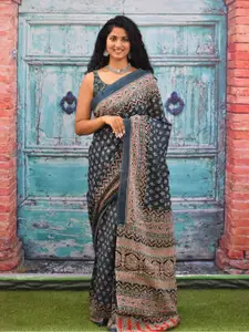 KIAARON Ethnic Motifs Pure Cotton Block Print Saree