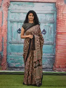 KIAARON Ajrak Block Printed Jaipuri Mulmul Pure Cotton Saree