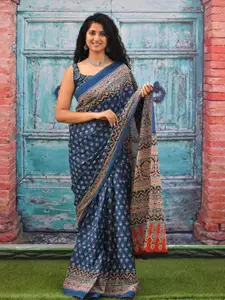 KIAARON Ajrak Block Printed Jaipuri Mulmul Pure Cotton Saree