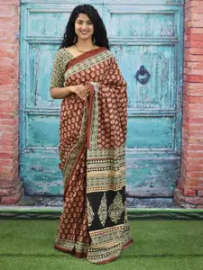 KIAARON Ethnic Motifs Pure Cotton Block Print Saree