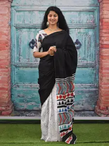 KIAARON Geometric Printed Pure Cotton Half and Half Block Saree