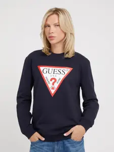 GUESS Graphic Printed Long Sleeves Fleece Pullover Sweatshirt