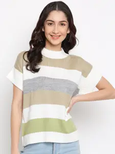 Latin Quarters Striped Round Neck Short Sleeves Acrylic Pullover Sweater