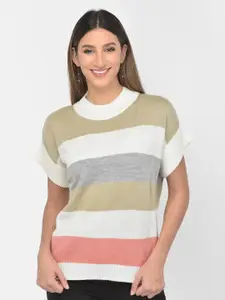 Latin Quarters Striped Mock Collar Short Sleeves Acrylic Pullover Sweater