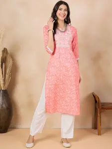 Anouk Orange Floral Printed Thread Work Straight Kurta