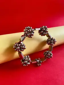 ATIBELLE Silver Plated & Floral Shaped Ghunghroo Studded Adjustable Bangle