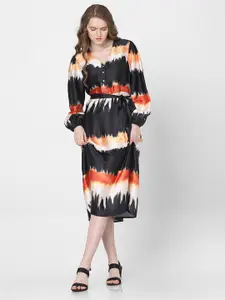 Vero Moda Abstract Printed Puffed Sleeves A-Line Midi Dress