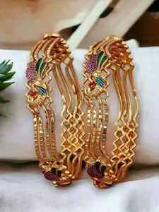 LUCKY JEWELLERY Set Of 2 Gold-Plated Peacock Designed Meenakari  Bangles