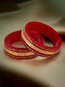 LUCKY JEWELLERY Set Of 2 Gold-Plated Floral Design Bangles