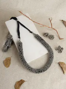 TEEJH Silver-Plated Oxidized Necklace & Earrings Bracelet With Finger Ring