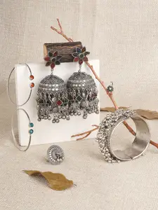 TEEJH Silver-Plated Oxidised Necklace and Earring