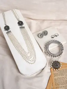 TEEJH Maratha Silver-Plated Oxidized Necklace Earrings Bracelet With Finger Ring Toe Ring