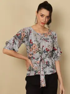 AKIMIA Floral Print Round Neck  Bell Sleeve Top